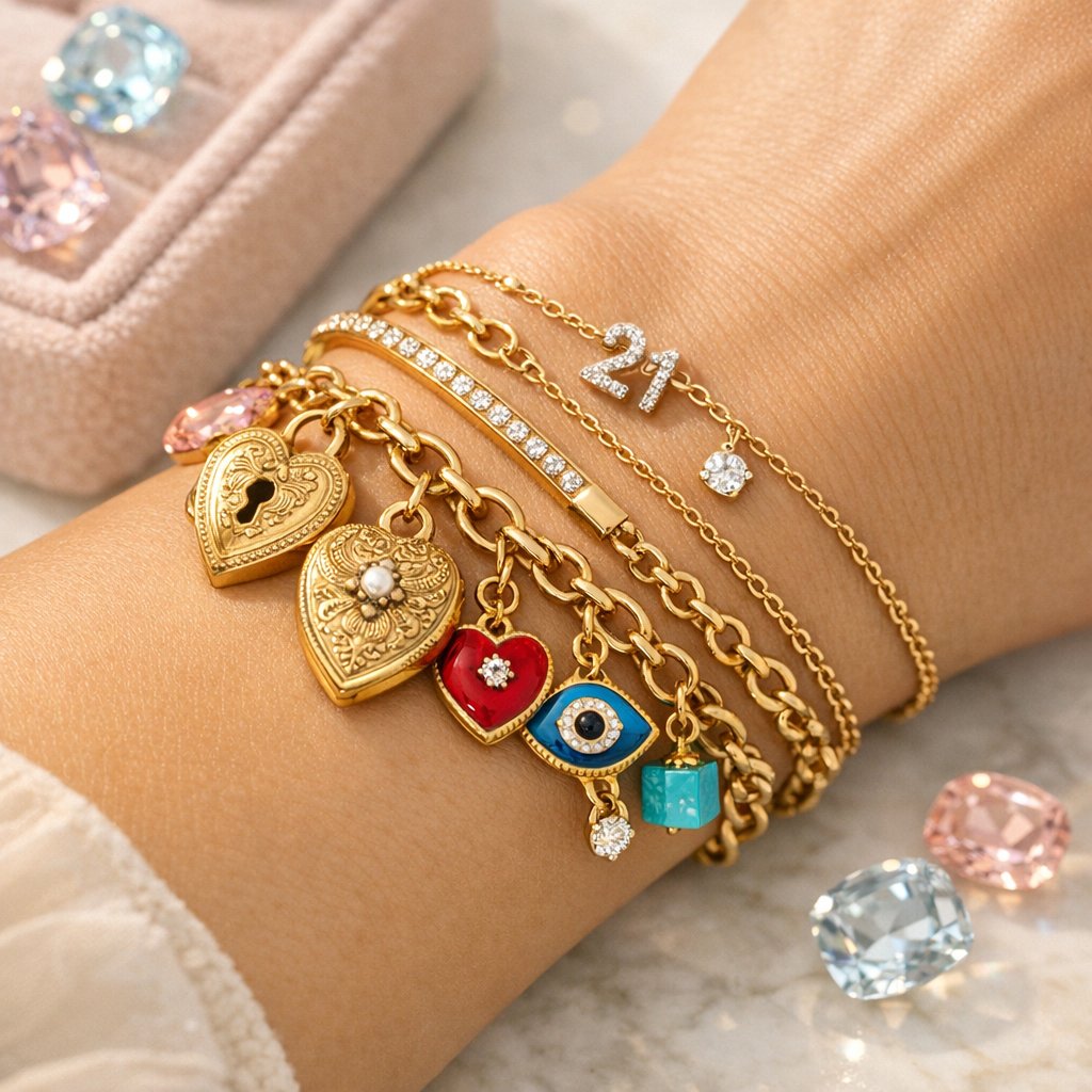 An array of vintage and modern charm bracelets displayed on a neutral surface, showcasing the evolution from Victorian lockets to contemporary milestone charms, highlighting the history of the charm bracelet.
