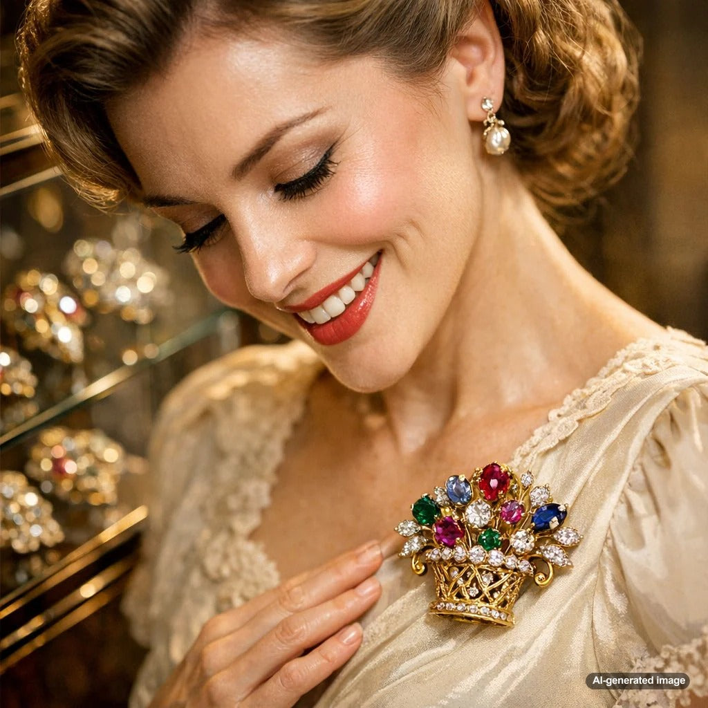 An exquisite antique Giardinetto or Flower Basket brooch featuring a vibrant bouquet of colorful gemstone flowers including rubies, sapphires, and emeralds spilling from a diamond-set basket, symbolizing eternal spring.