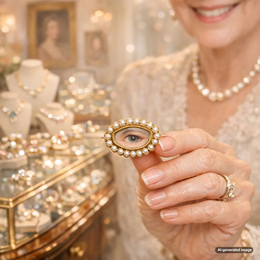 A close-up view of an antique Lover's Eye miniature pendant, featuring a hand-painted eye on ivory set in a gold frame with a pearl border, symbolizing secret romance and Georgian-era jewelry.