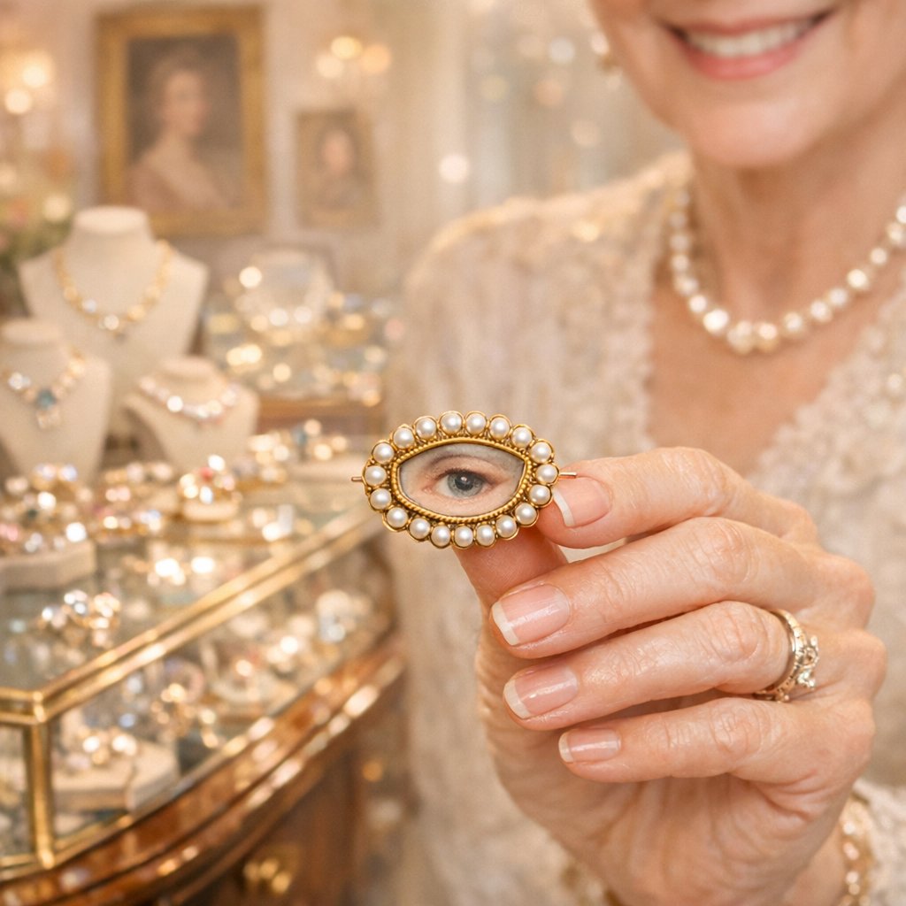 A close-up view of an antique Lover's Eye miniature pendant, featuring a hand-painted eye on ivory set in a gold frame with a pearl border, symbolizing secret romance and Georgian-era jewelry.