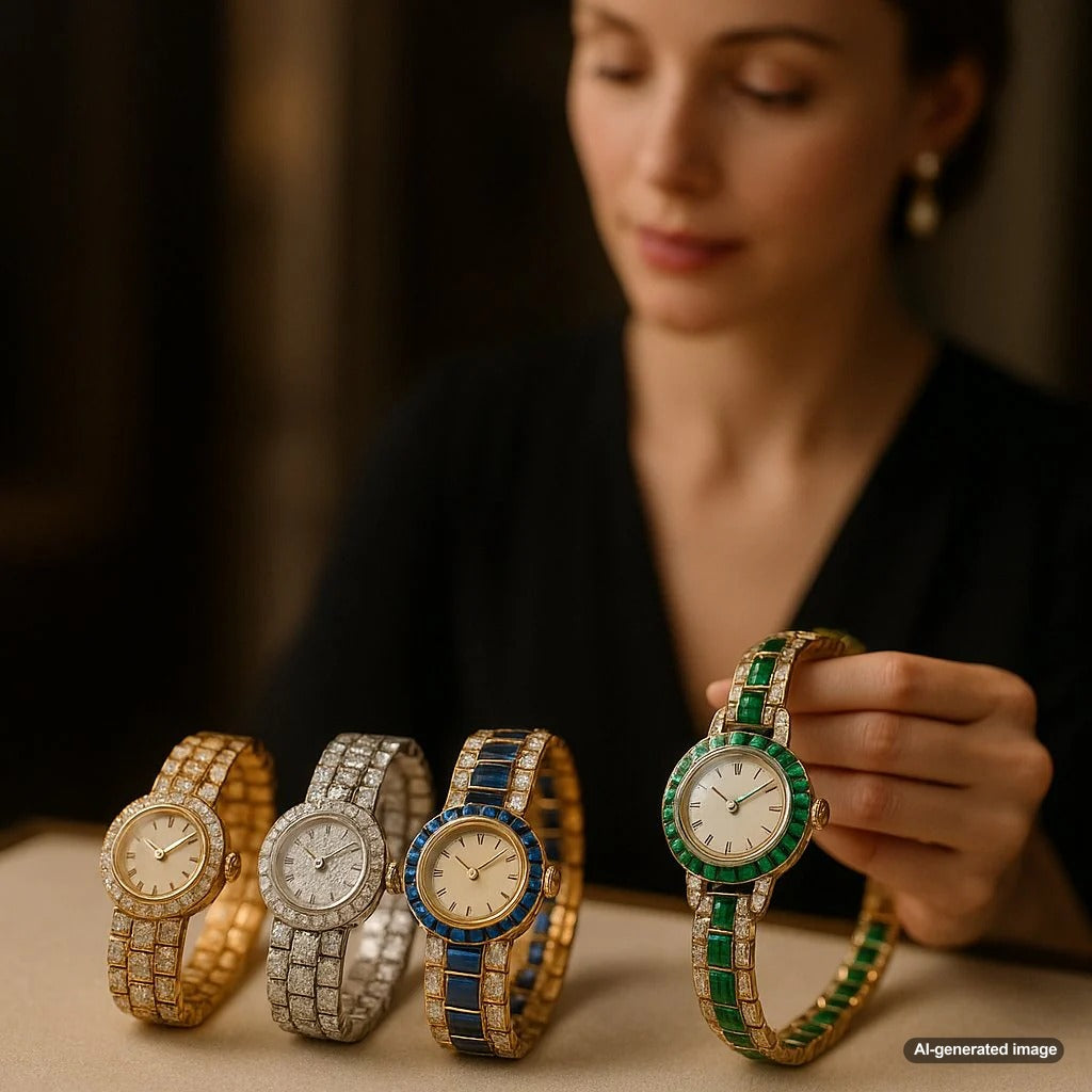 A close-up of a luxurious diamond and emerald watch bracelet, showcasing the intricate integration of fine gems with polished gold links.