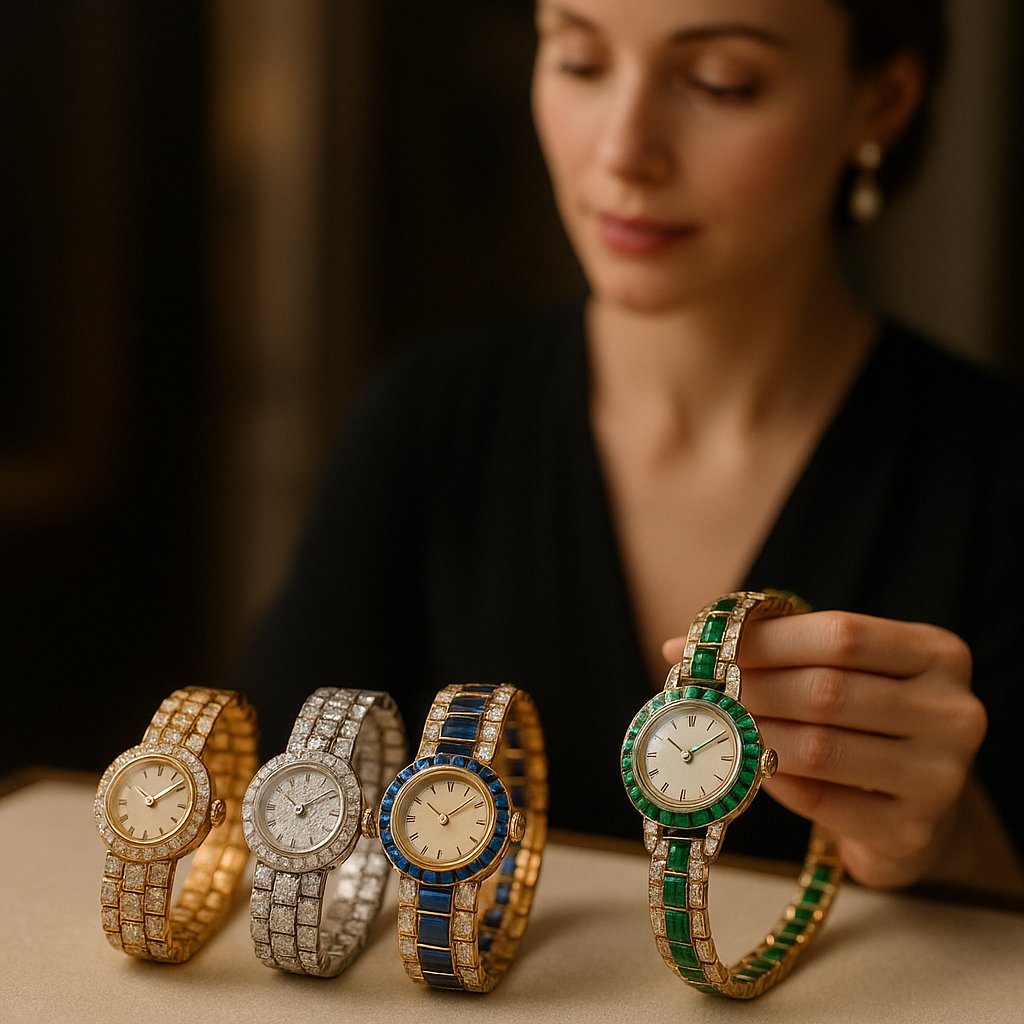 A close-up of a luxurious diamond and emerald watch bracelet, showcasing the intricate integration of fine gems with polished gold links.