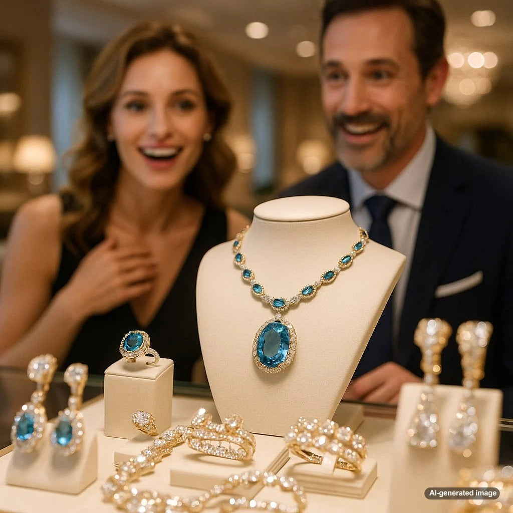 Stunning blue topaz jewelry collection from Robinson's Jewelers showcasing rings, necklaces and earrings