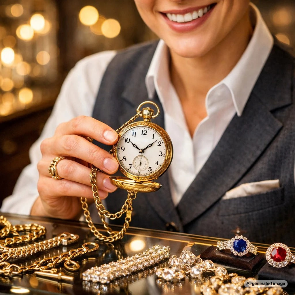 Antique gold watch chain with a decorative fob and a vintage pocket watch on a neutral background.