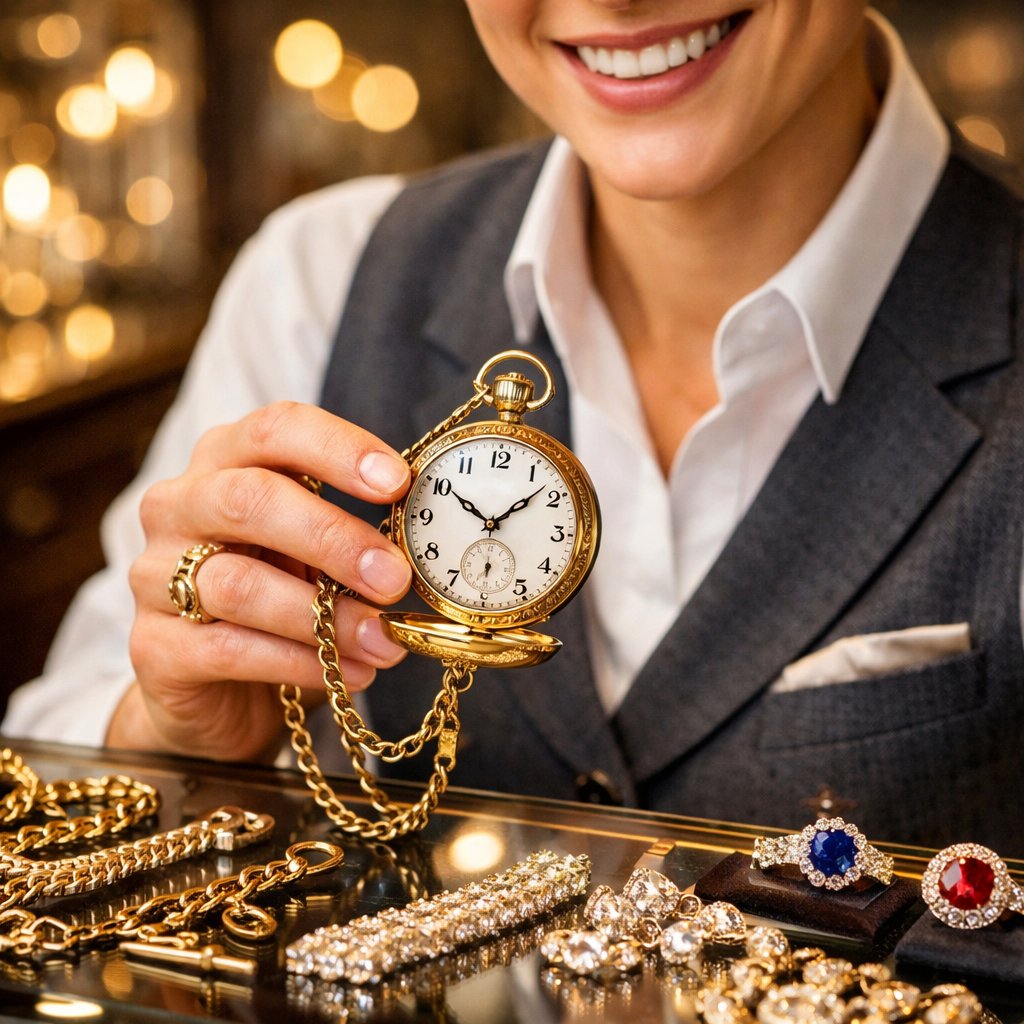 Antique gold watch chain with a decorative fob and a vintage pocket watch on a neutral background.