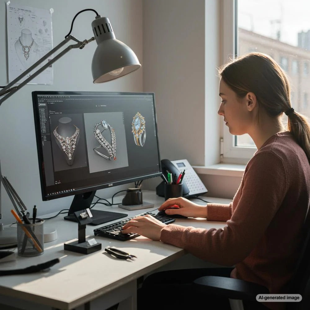 A representation of technology integrated into jewelry design showcasing CAD and 3D printed jewelry.