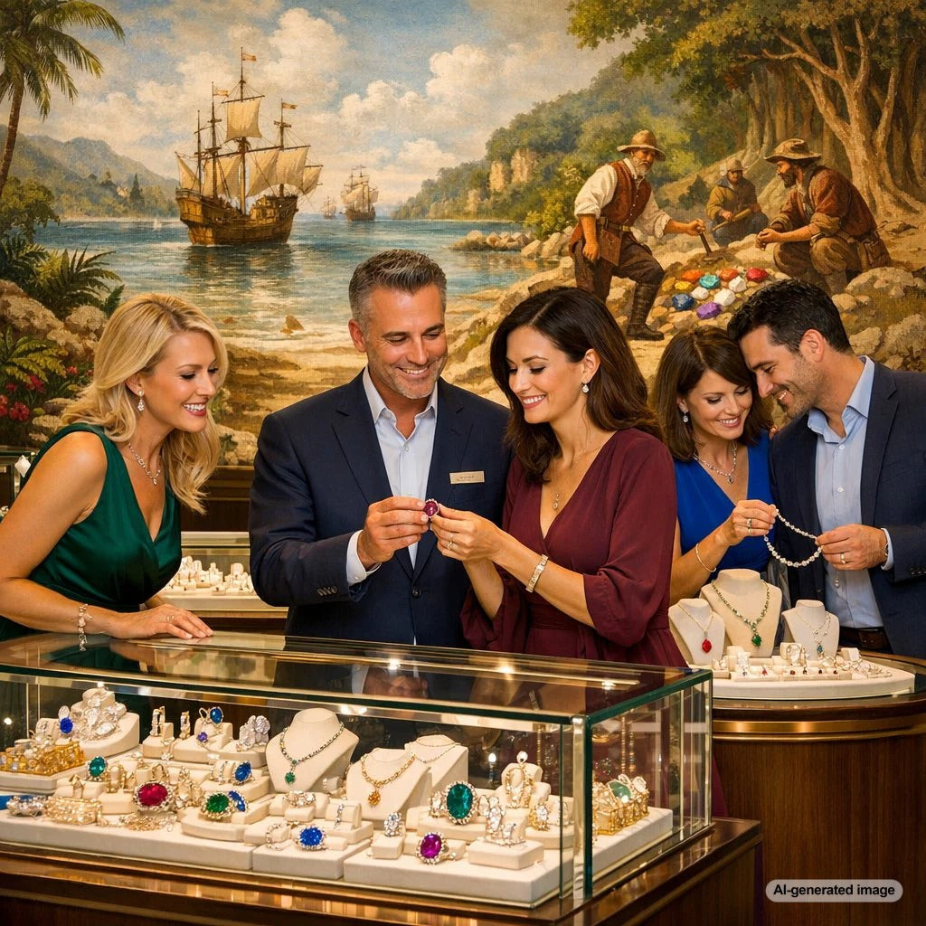 A luxurious collection of emerald and diamond jewelry, including a ring, earrings, and a pendant, displayed on a dark surface, representing the New World gem sources that transformed European jewelry design.