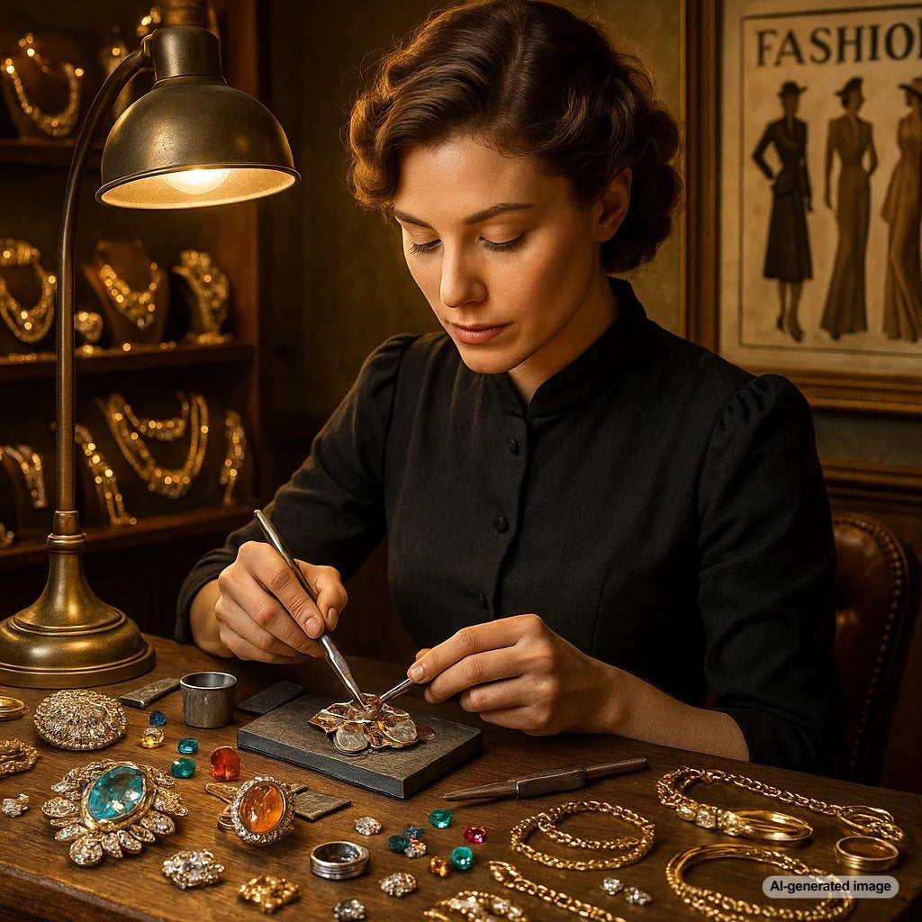 A curated collection of vintage WWII-era jewelry including patriotic brooches, rose gold rings with citrine, and aquamarine statement pieces on a velvet background.