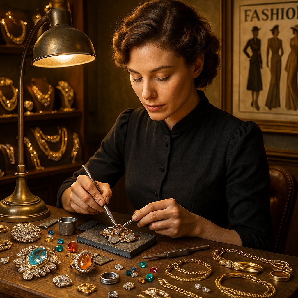 A curated collection of vintage WWII-era jewelry including patriotic brooches, rose gold rings with citrine, and aquamarine statement pieces on a velvet background.