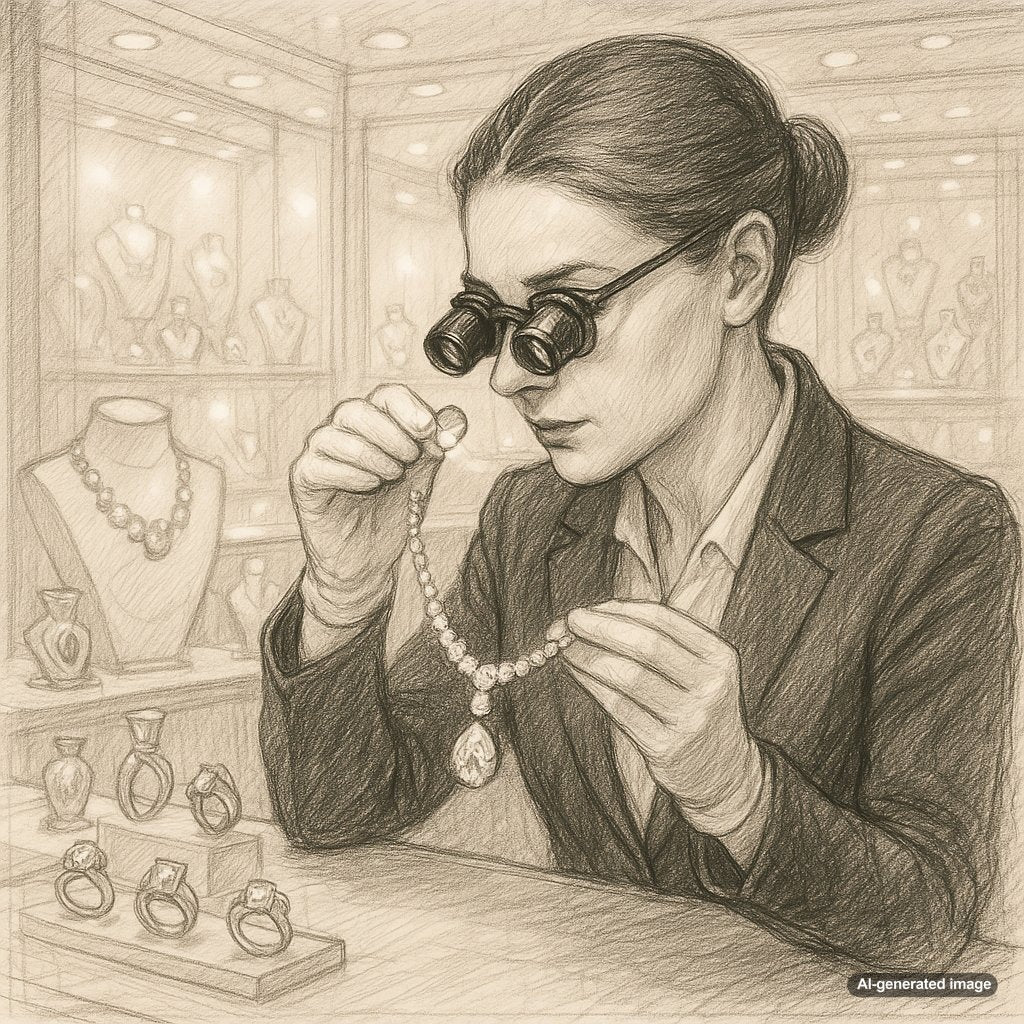 Professional jewelry appraisal process with magnifying glass and diamond ring
