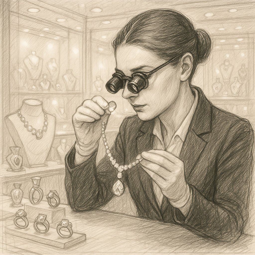 Professional jewelry appraisal process with magnifying glass and diamond ring