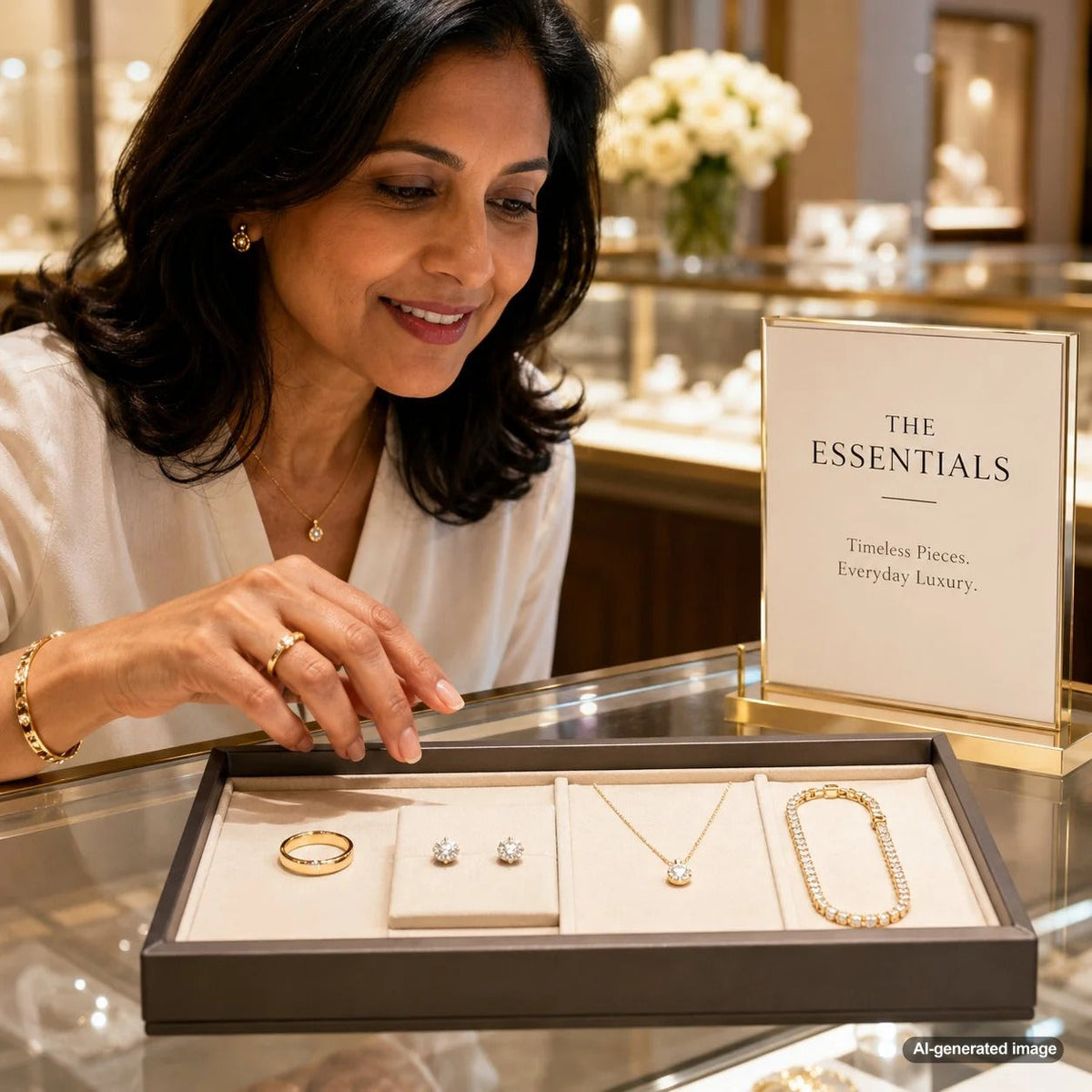 An elegant display of essential jewelry pieces at Robinson's Jewelers, showcasing classic rings, necklaces, and bracelets to guide undecided buyers.
