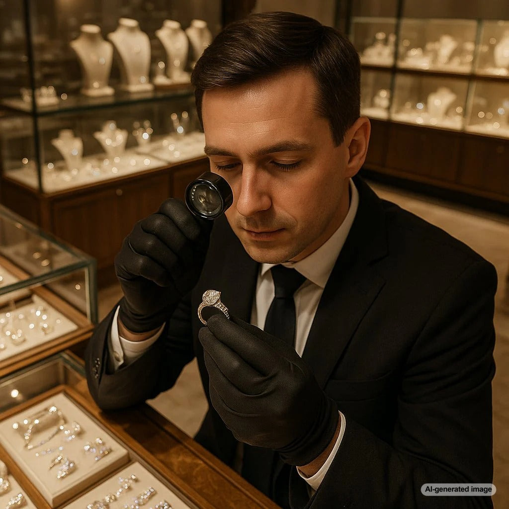 Professional jeweler inspecting a diamond ring with a loupe at Robinson's Jewelers