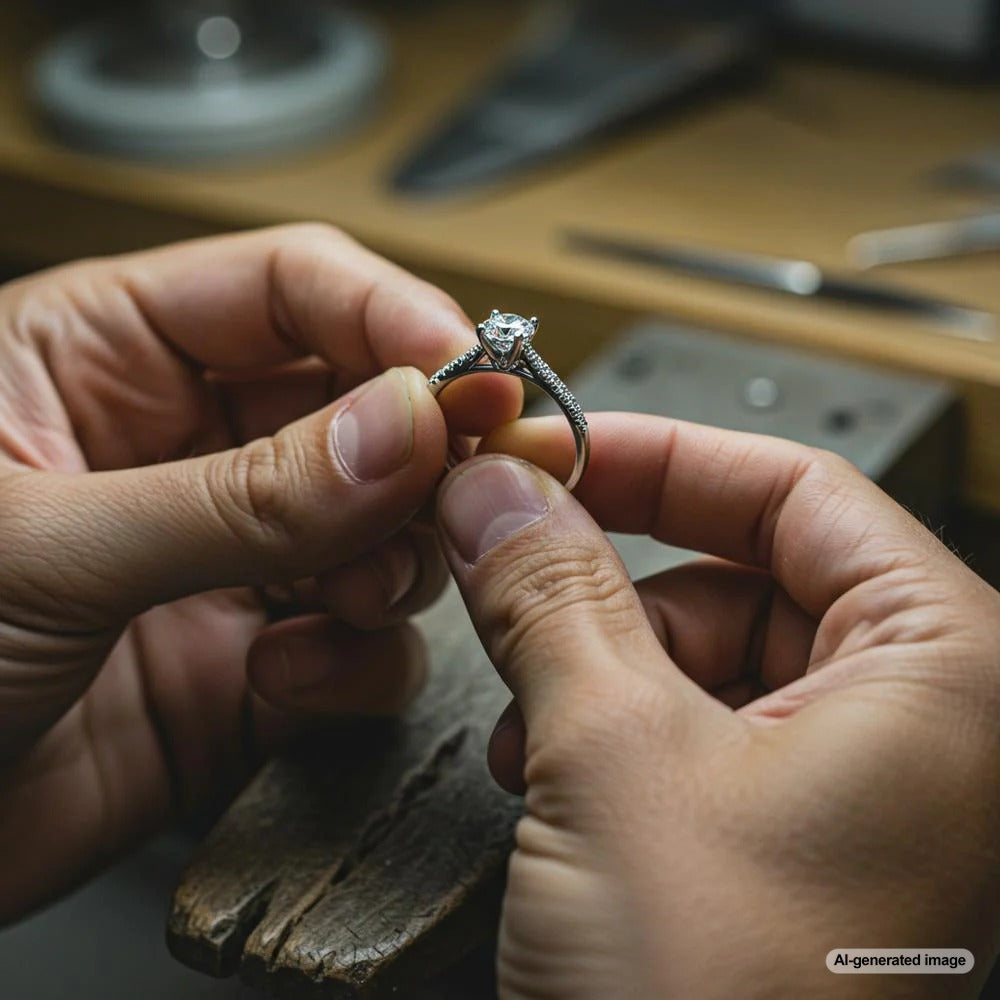 A close-up of a jeweler inspecting a diamond ring with a magnifying glass