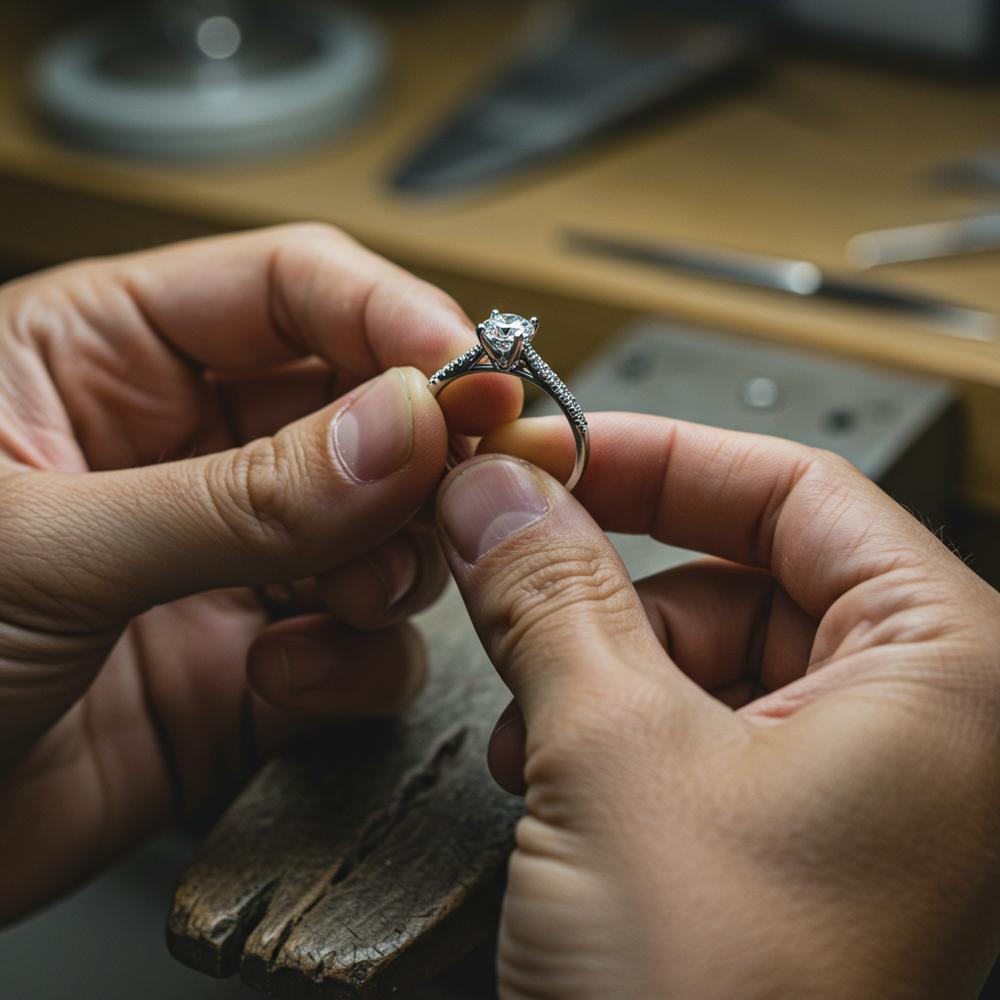 A close-up of a jeweler inspecting a diamond ring with a magnifying glass