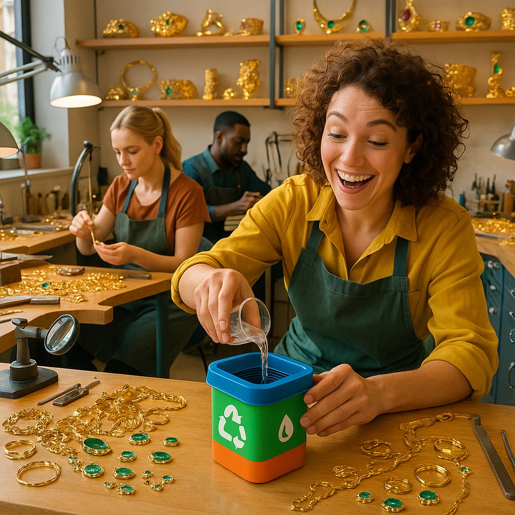 A jeweler's hands carefully working at a clean, organized studio sink with filtration systems, showcasing responsible wastewater practices in jewelry making.