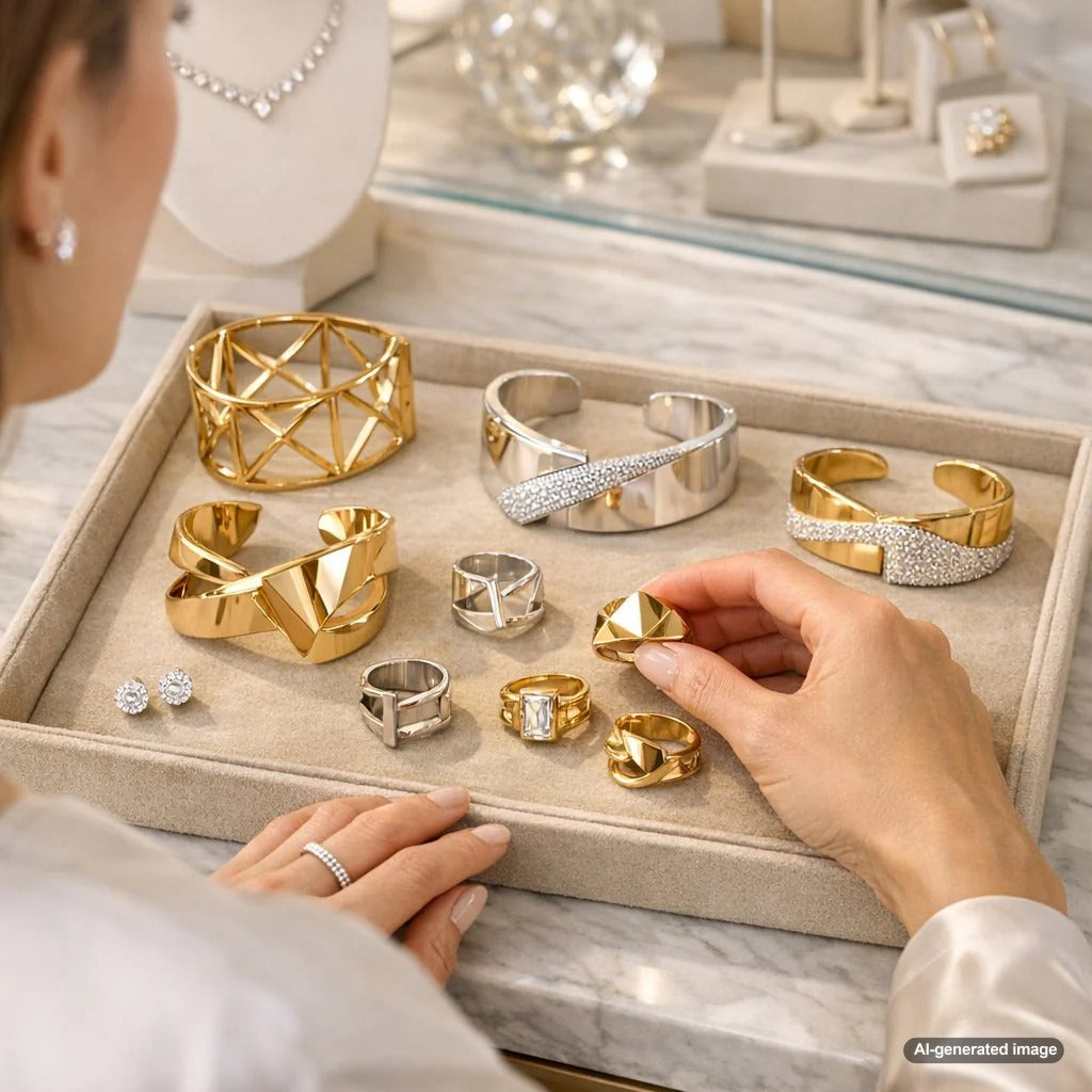 Contemporary cuff bracelets and rings displayed on a reflective surface showcasing architectural shapes, geometric lines, and structural silhouettes.