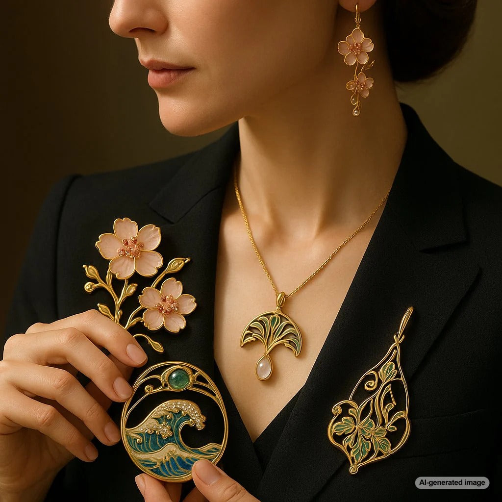 An exquisite Art Nouveau style pendant featuring a dragonfly with plique-a-jour enamel wings and pearl body, showcasing the Japanese influence on organic design.