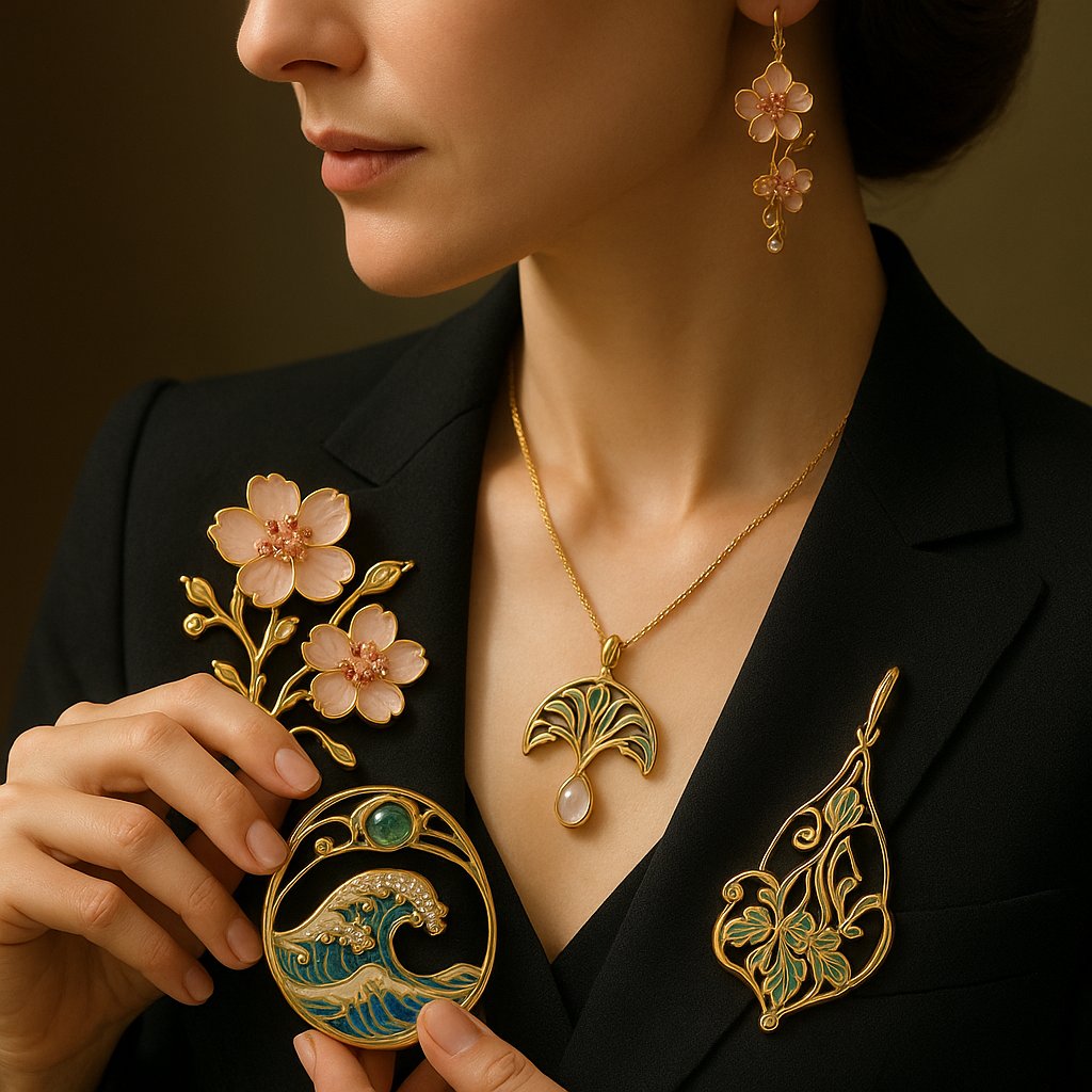 An exquisite Art Nouveau style pendant featuring a dragonfly with plique-a-jour enamel wings and pearl body, showcasing the Japanese influence on organic design.