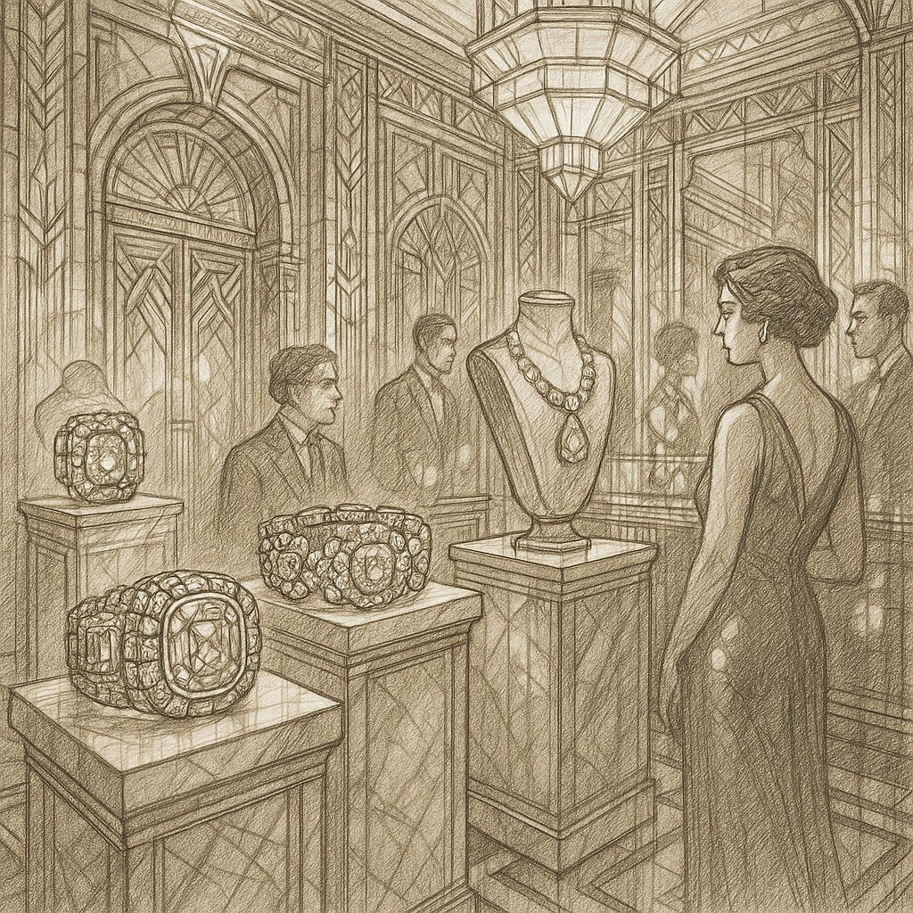 Art Deco inspired geometric diamond and onyx ring against a backdrop of architectural details