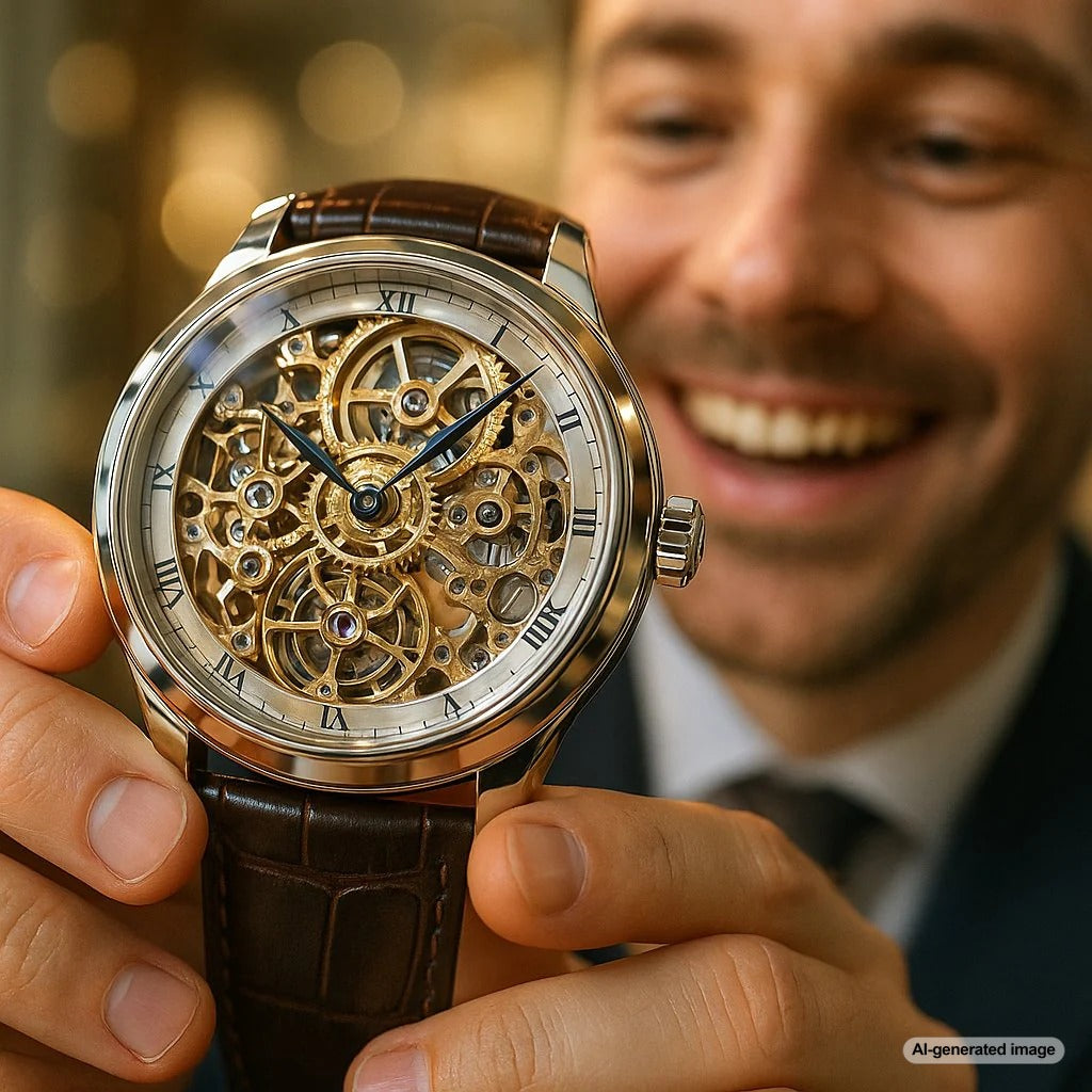 Close-up of an intricate skeletonized watch dial revealing the mechanical movement inside