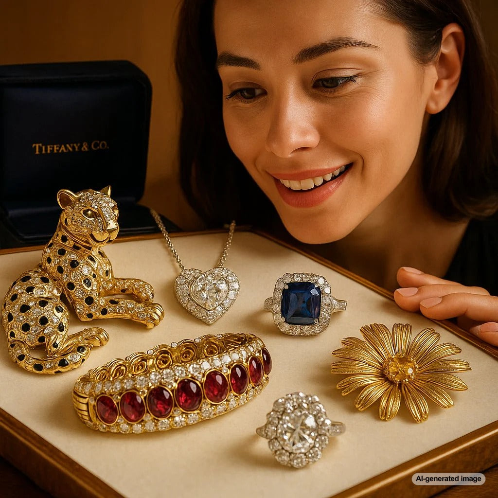 A curated collection of signed vintage jewelry from Cartier, Tiffany & Co., and other luxury houses, showcasing rings, bracelets, and necklaces as timeless investments.