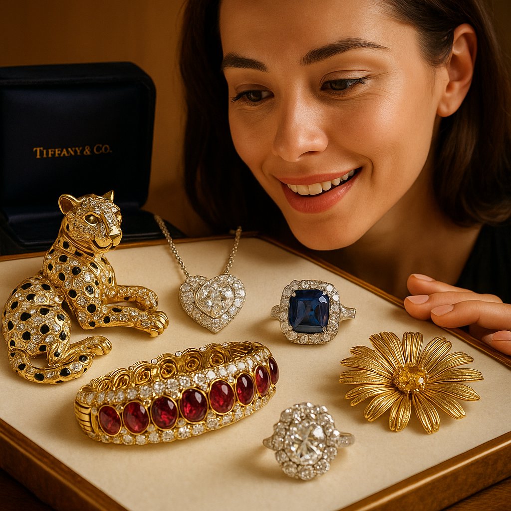 A curated collection of signed vintage jewelry from Cartier, Tiffany & Co., and other luxury houses, showcasing rings, bracelets, and necklaces as timeless investments.