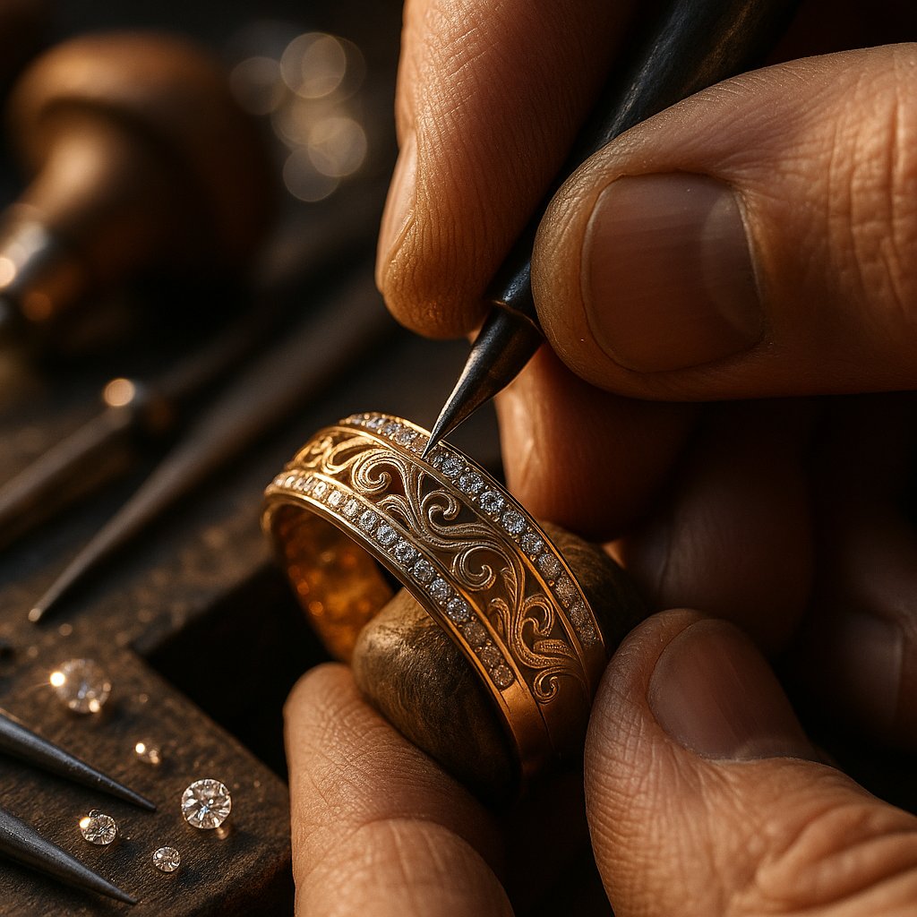 Close-up view of intricate hand engraving on luxury jewelry showing microscopic details