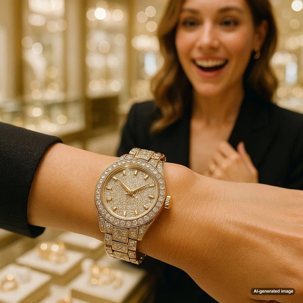 A curated collection of luxury and vintage wristwatches displayed at Robinson's Jewelers, showcasing the evolution of style from classic leather straps to diamond-encrusted designs.