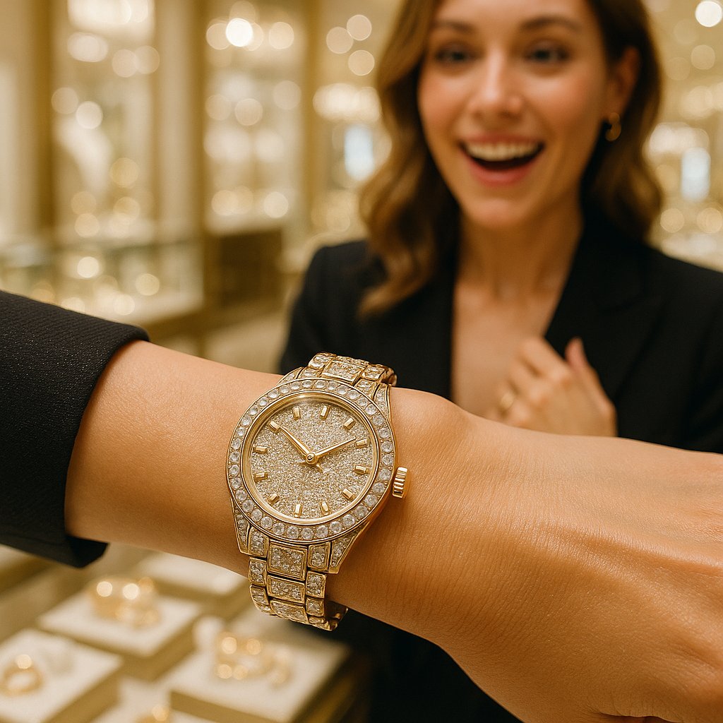 A curated collection of luxury and vintage wristwatches displayed at Robinson's Jewelers, showcasing the evolution of style from classic leather straps to diamond-encrusted designs.