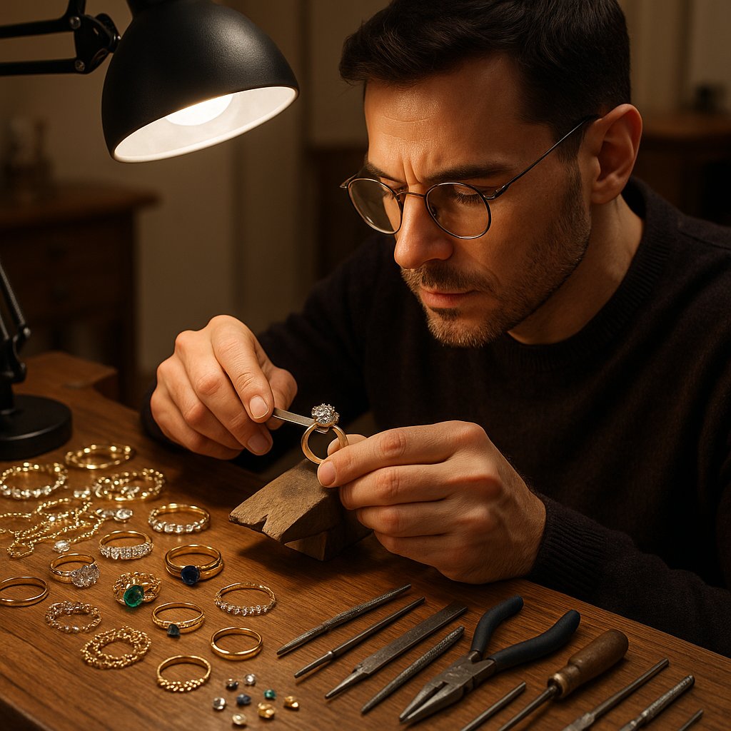 Inside a jeweler's workshop, showing a detailed bench with tools and a craftsman at work creating fine jewelry