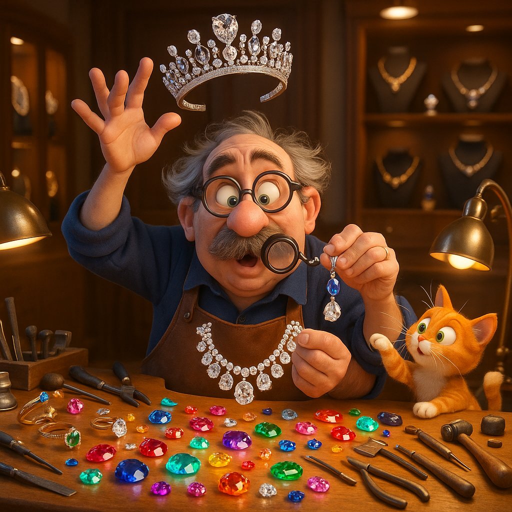 Master jeweler at work bench with various tools and jewelry pieces in process