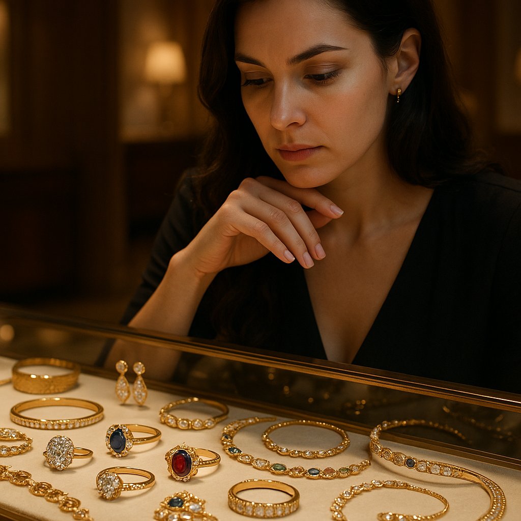 Overflowing vintage jewelry box with tangled necklaces, rings, and brooches representing sentimental jewelry collections