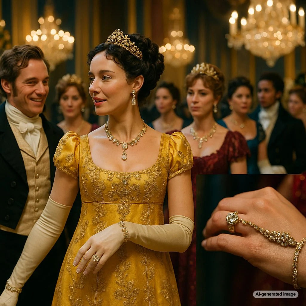 Bridgerton-inspired jewelry collection featuring tiaras, necklaces, and earrings reminiscent of the Regency era