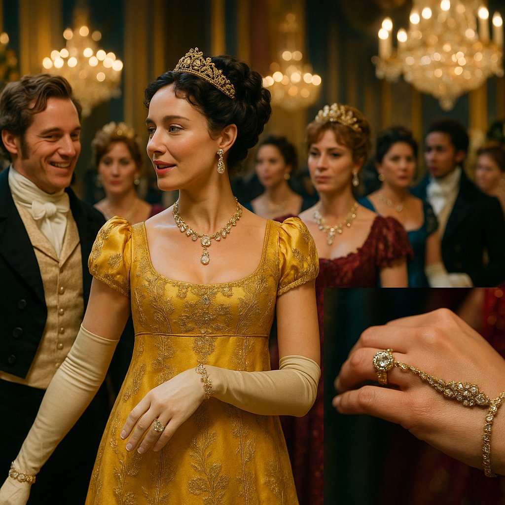 Bridgerton-inspired jewelry collection featuring tiaras, necklaces, and earrings reminiscent of the Regency era