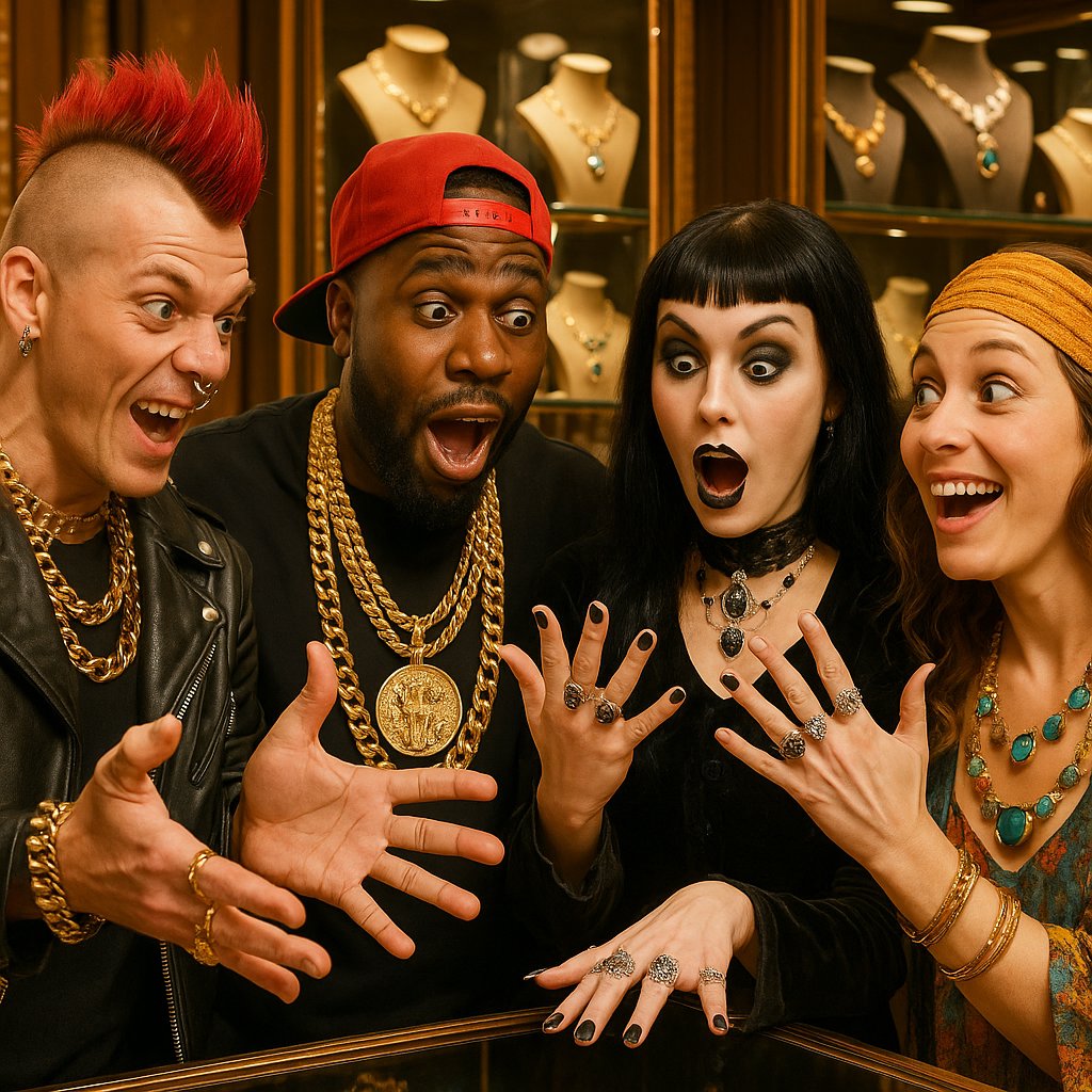 Punk and hip-hop inspired jewelry collection featuring safety pins, chains, and bold statement pieces