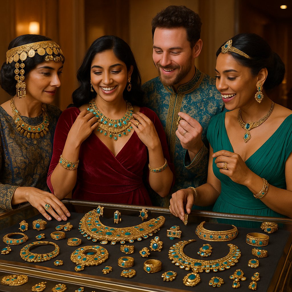 A collection of ancient-inspired jewelry including gold cuffs, beaded necklaces, and gemstone rings reminiscent of Sumerian, Egyptian, and Silk Road designs.