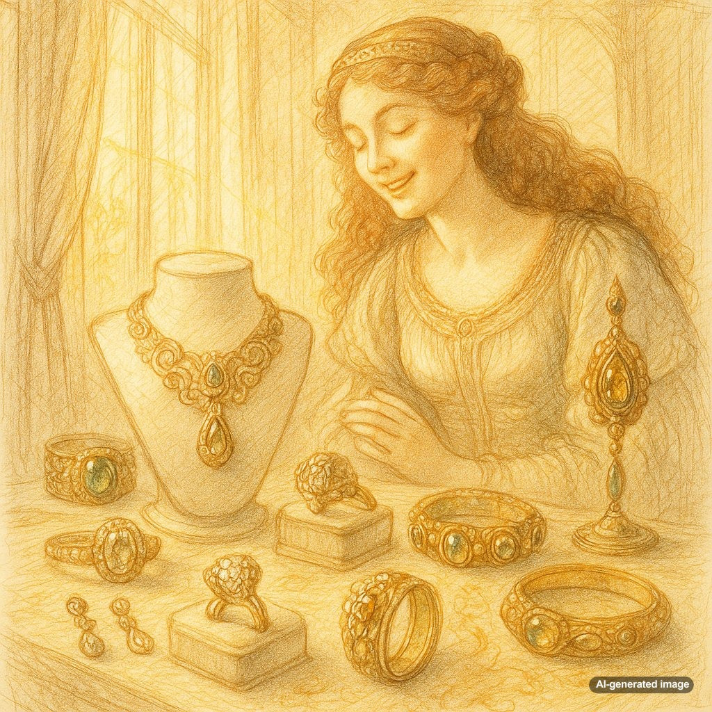 Pre-Raphaelite inspired jewelry featuring symbolic serpent motifs, heart pendants, and nature-themed designs in a romantic style