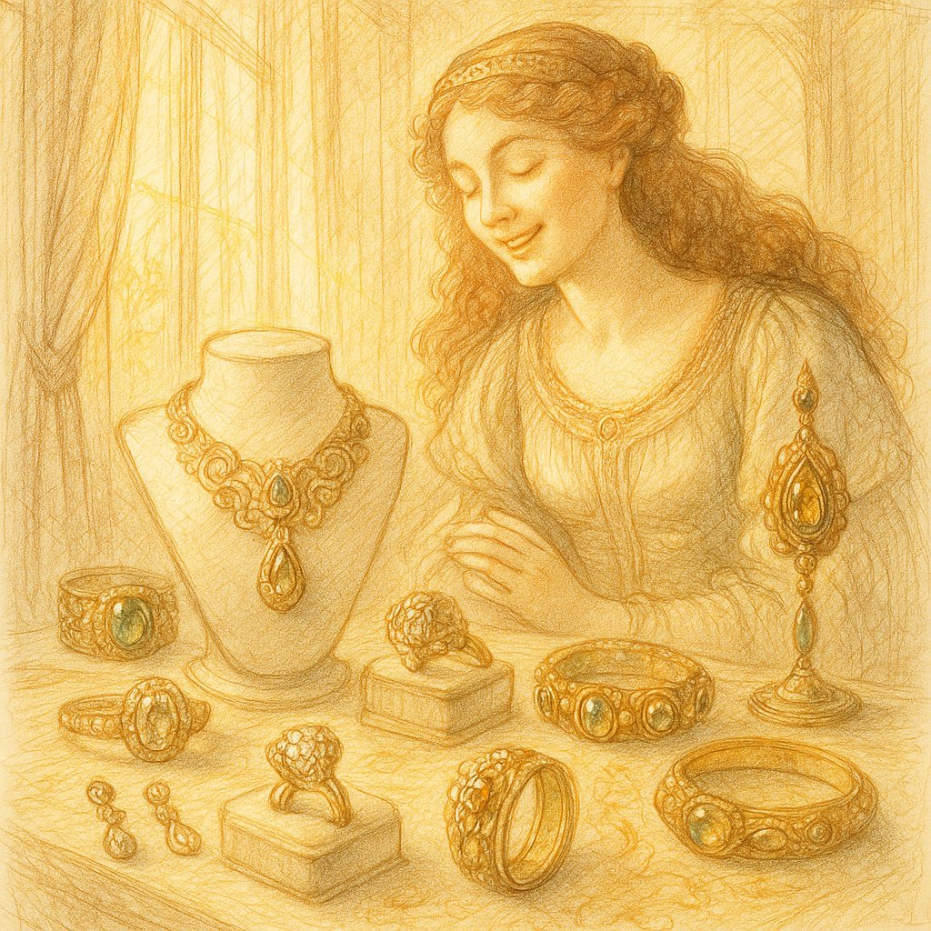 Pre-Raphaelite inspired jewelry featuring symbolic serpent motifs, heart pendants, and nature-themed designs in a romantic style
