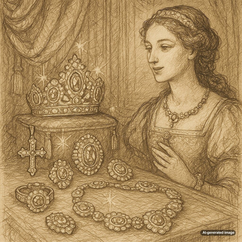 Opulent Renaissance style jewelry featuring pearls, gemstones, and intricate goldwork displayed on velvet.
