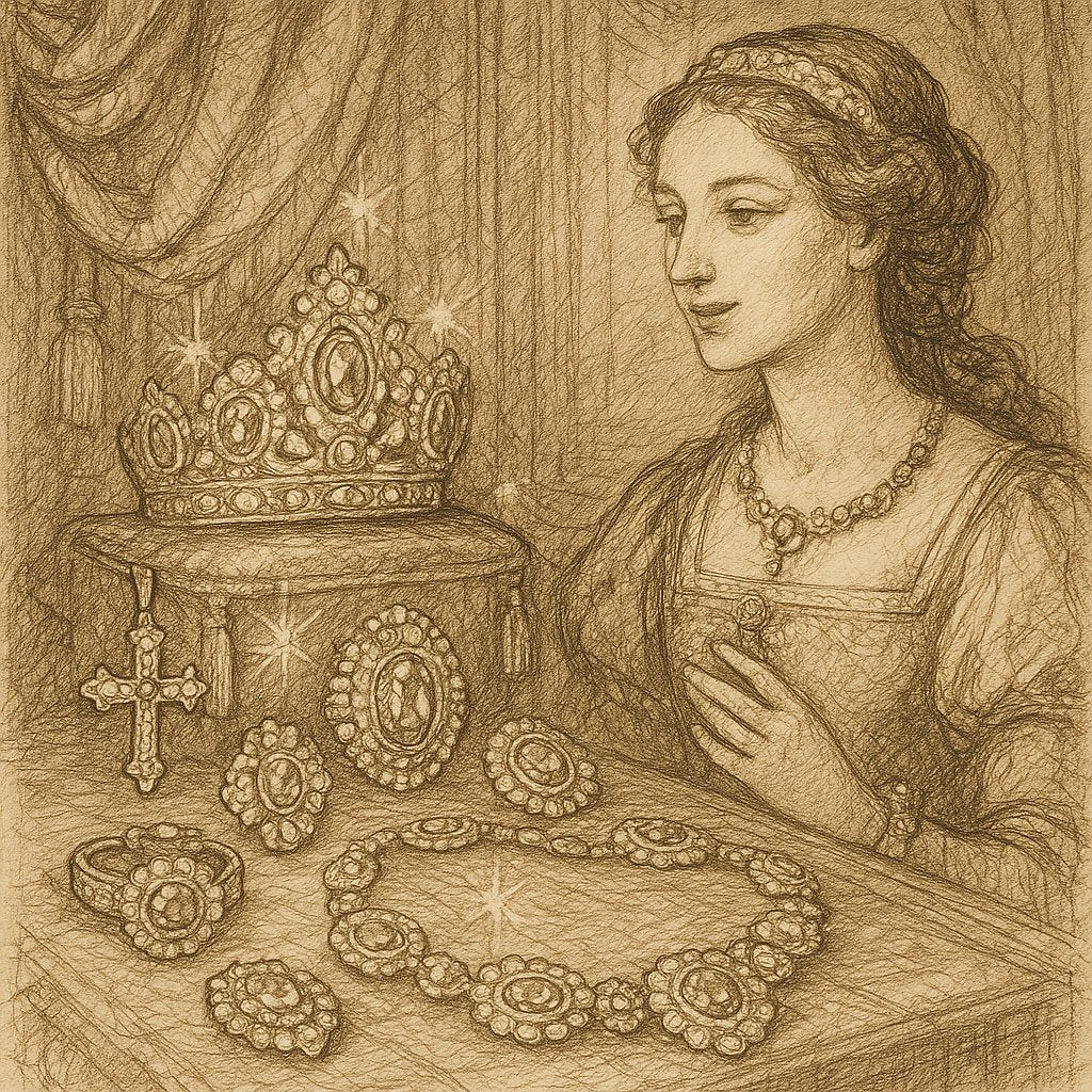 Opulent Renaissance style jewelry featuring pearls, gemstones, and intricate goldwork displayed on velvet.