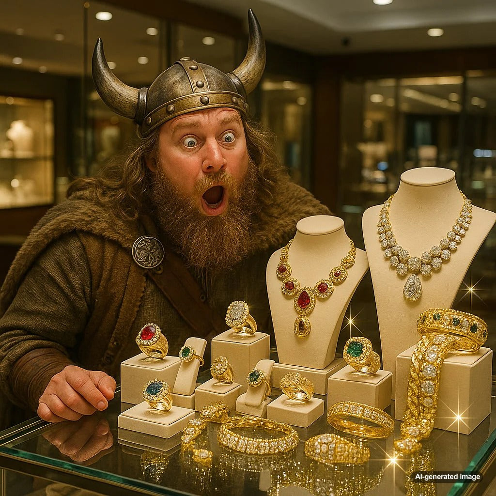 A collection of authentic Viking Age jewelry including twisted arm rings, brooches, and pendants on a dark textured background