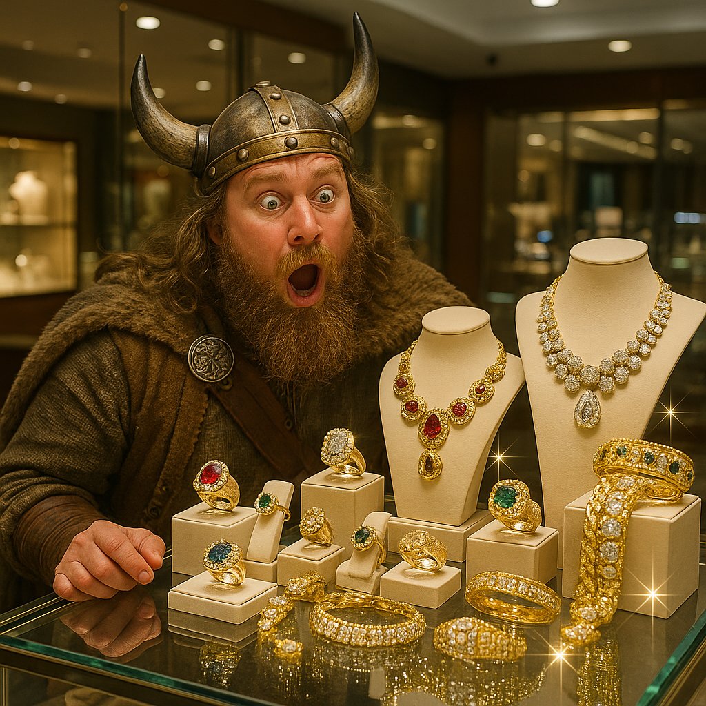 A collection of authentic Viking Age jewelry including twisted arm rings, brooches, and pendants on a dark textured background