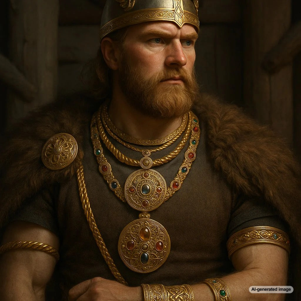 Viking-inspired jewelry featuring arm rings, pendants, and brooches with intricate Norse designs