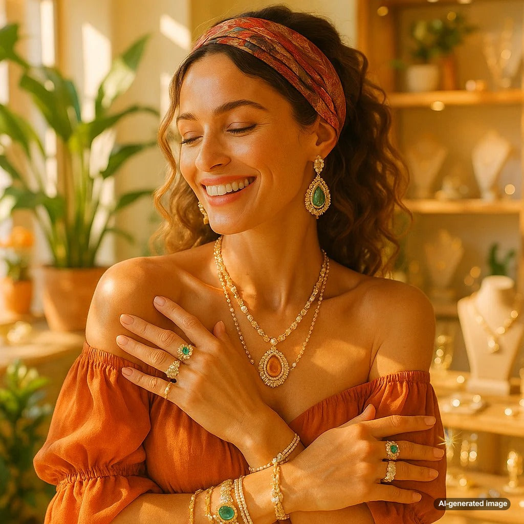 A beautiful collection of bohemian style jewelry featuring layered necklaces, turquoise beads, and mixed metals laid out on a rustic wooden surface.