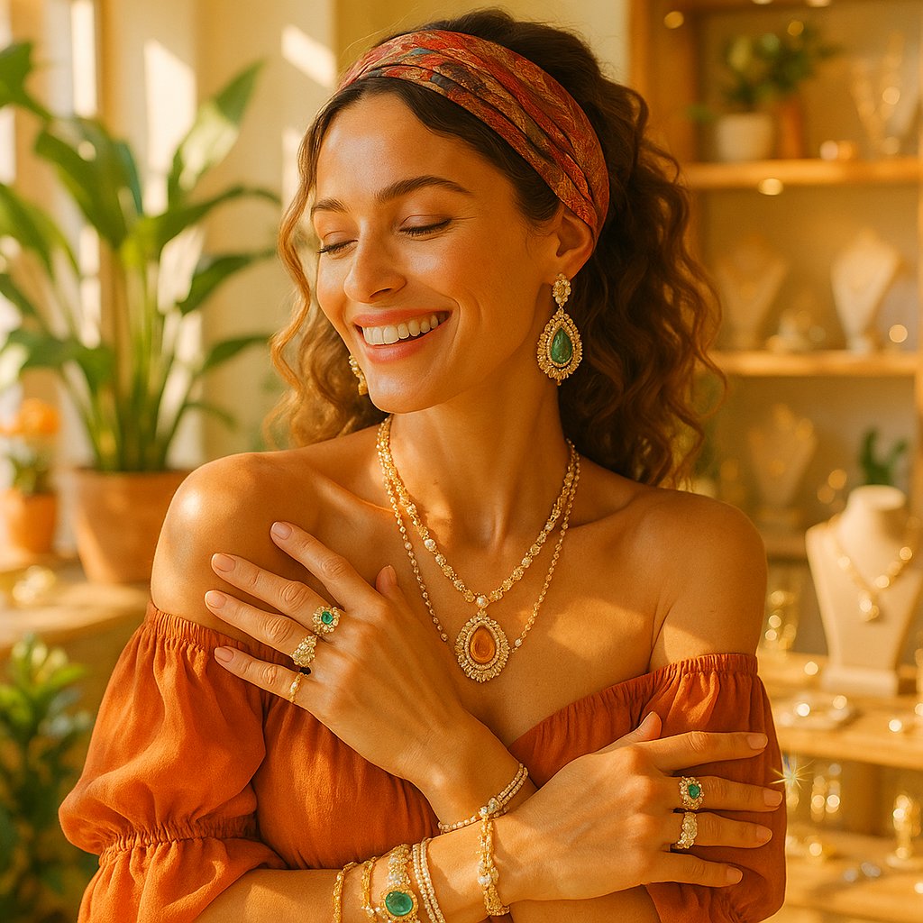A beautiful collection of bohemian style jewelry featuring layered necklaces, turquoise beads, and mixed metals laid out on a rustic wooden surface.