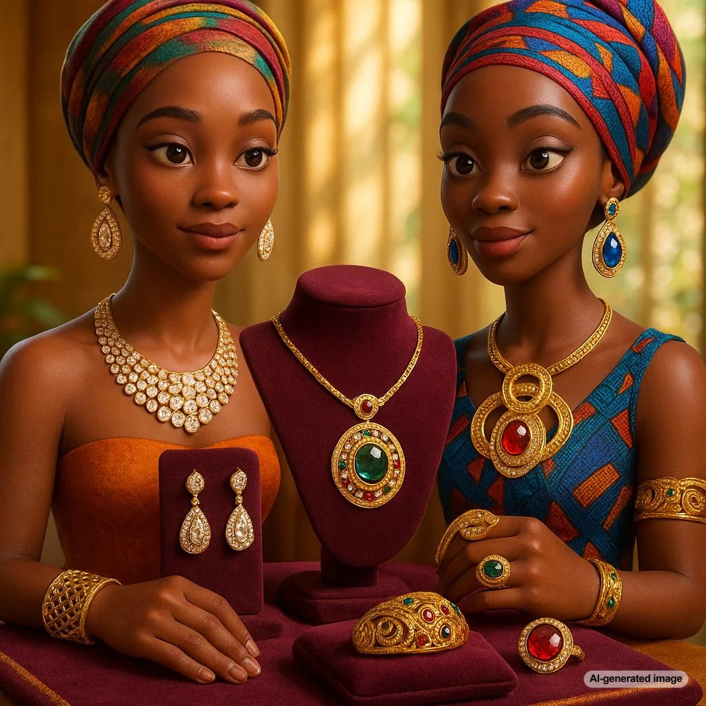 Colorful collection of traditional African jewelry including beaded necklaces, bronze bracelets, and tribal adornments