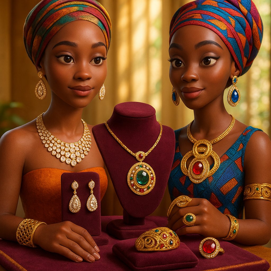 Colorful collection of traditional African jewelry including beaded necklaces, bronze bracelets, and tribal adornments