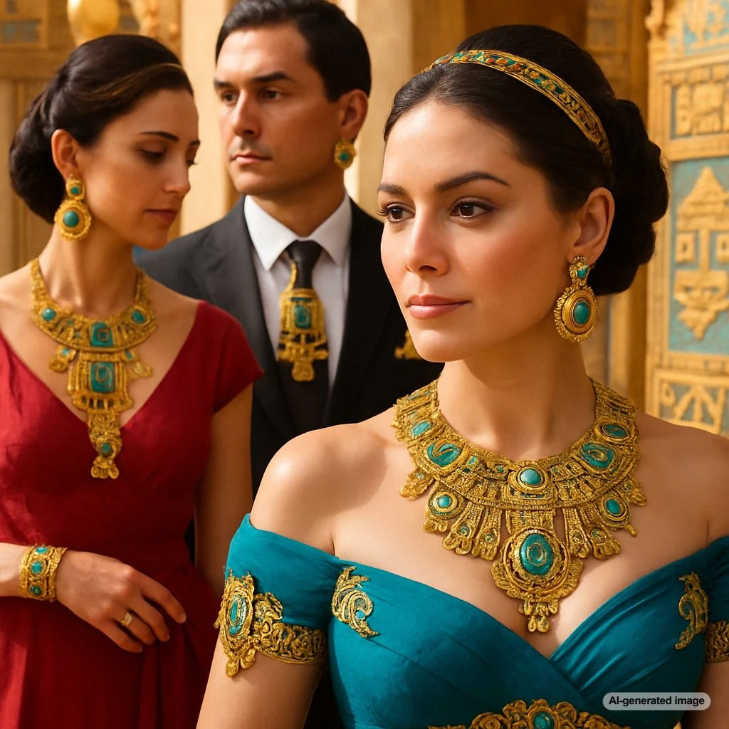 A stunning modern interpretation of Aztec jewelry featuring gold and turquoise, showcasing the timeless beauty of pre-Columbian design.