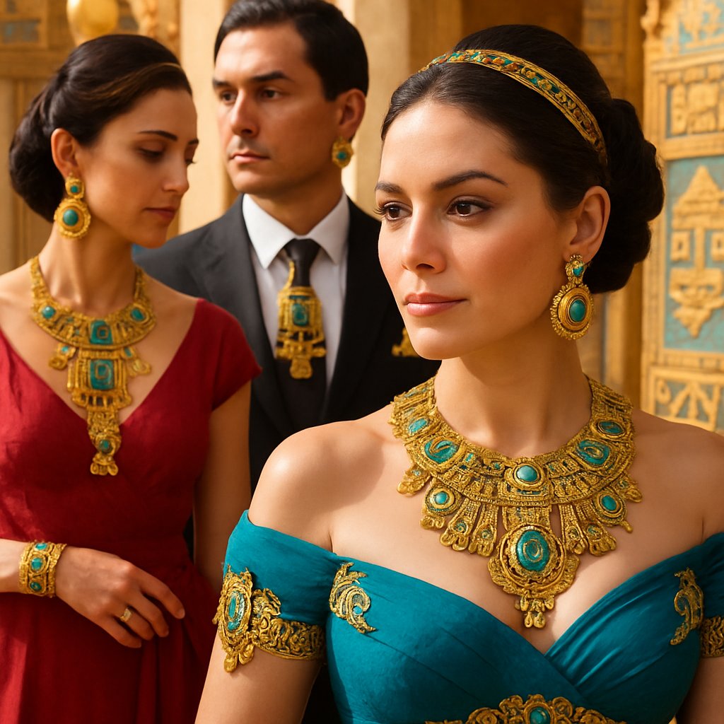 A stunning modern interpretation of Aztec jewelry featuring gold and turquoise, showcasing the timeless beauty of pre-Columbian design.